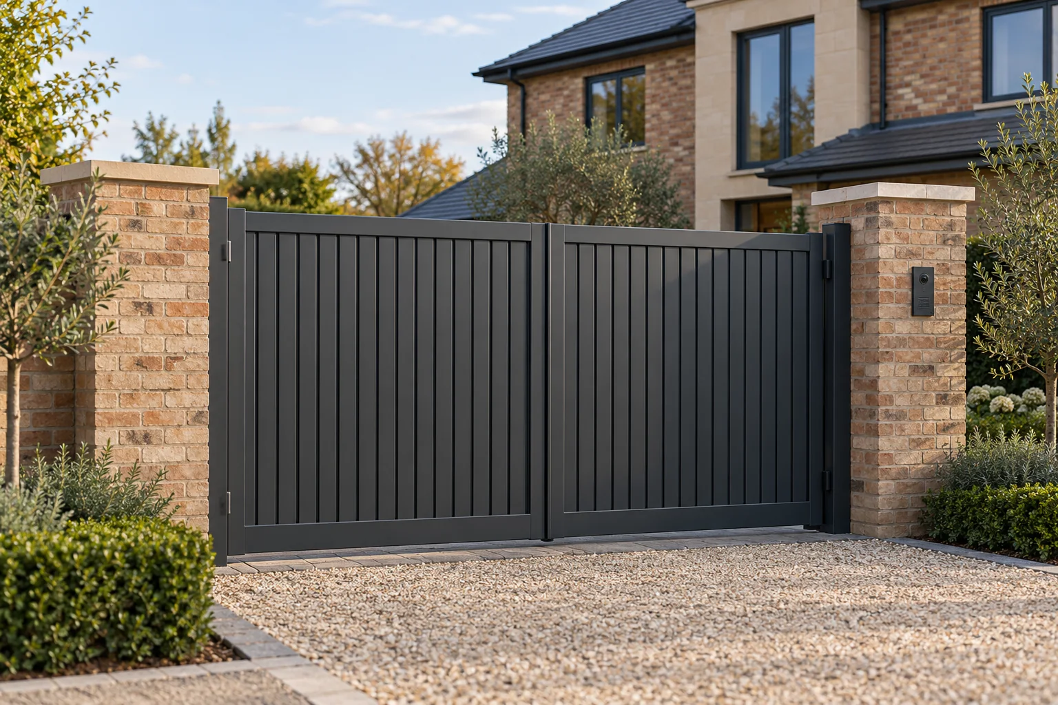 Illustration of a contemporary driveway entrance with charcoal metal gates